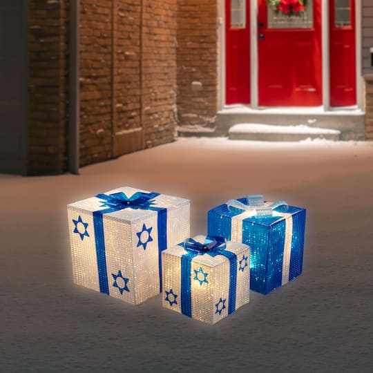 White & Blue Lighted Hanukkah Gift Box Decoration Set By Northlight in White/Blue | Michaels®